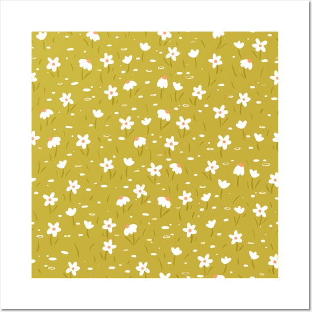 Pattern with cute daisy flowers on green background Wall Art by iulistration